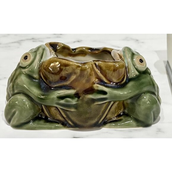 Vintage Majolica Frog Art Pottery Planter Ashtray Water Lily Green - Picture 5 of 7